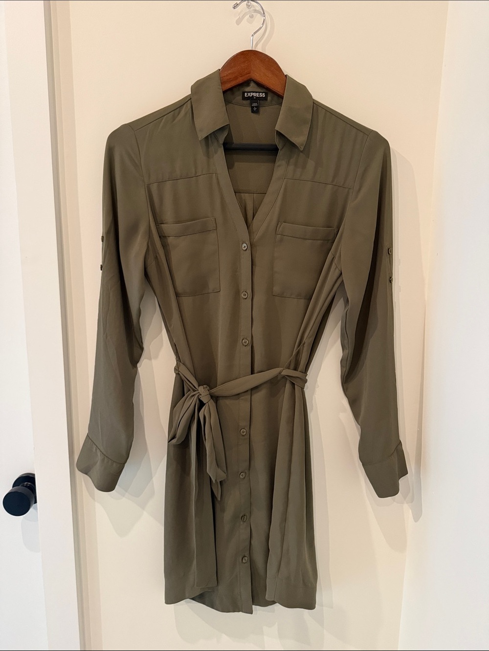 Express Olive Utility Shirt Dress with Tie Waist